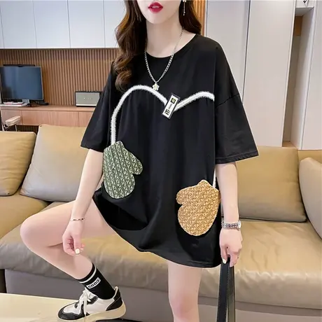 小众设计感短袖t恤女夏季韩版宽松大码女装中长款小个子个性上衣图片