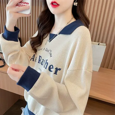 早秋娃娃领卫衣女春秋季韩版宽松薄款polo领华夫格假两件上衣外套图片