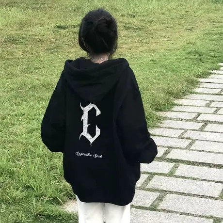 设计感高街连帽开衫卫衣女秋冬加绒加厚ins潮牌国潮宽松大码外套图片