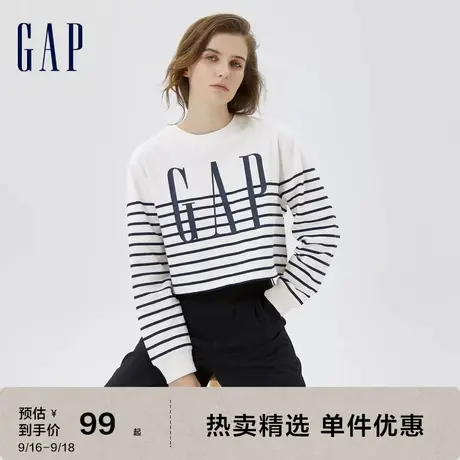 Gap女装秋季款LOGO条纹短款水洗棉长袖T恤598228辣妹风廓形上衣图片