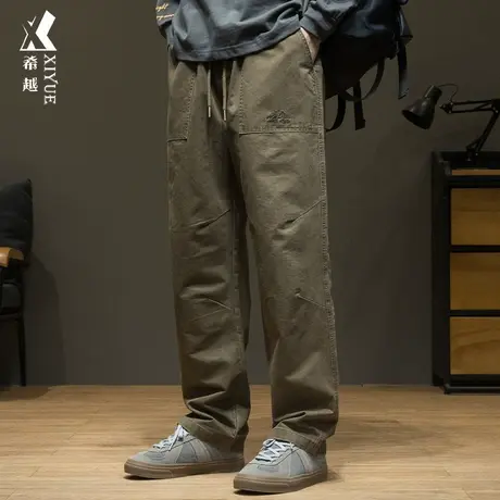 希越复古深卡其休闲裤男秋冬纯棉直筒裤宽松大码胖子男士百搭长裤商品大图