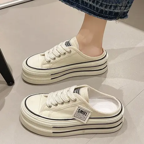 帆布半拖鞋女夏季外穿2023新款网红爆款高级感厚底增高无后跟懒人商品大图