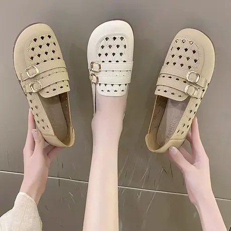 老北京单鞋女妈妈皮鞋夏季透气镂空豆豆鞋软底舒适中老年休闲鞋子商品大图