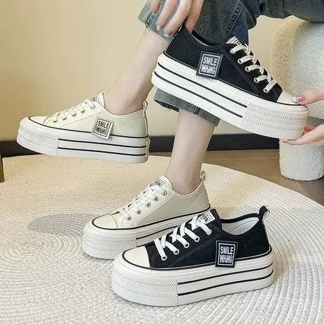 帆布鞋女小白鞋2023秋季新款休闲韩版学生耐穿厚底松糕显腿长单鞋商品大图