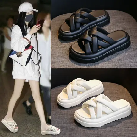 网红拖鞋女夏外穿2022欧货爆款厚底增高高级感炸街今年流行的凉拖图片