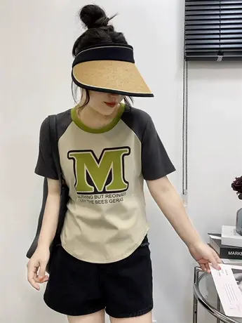 欧货字母印花圆领T恤女装夏季新款胖mm大码拼色小众短袖上衣200斤商品大图