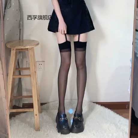 蕾丝花边纯欲黑色春夏薄款一体开档丝袜jk辣妹性感镂空过膝吊带袜商品大图