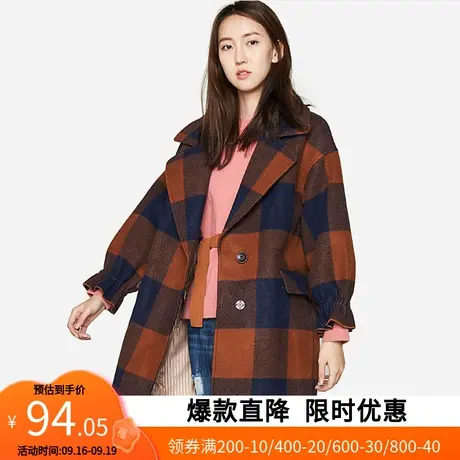 【断码S】艾格冬季女装休闲羊毛修身格子西装领中长毛呢大衣Y223商品大图