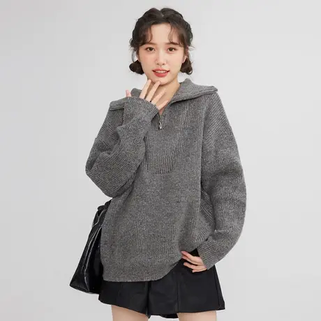 美式chic中长款高领半拉链毛衣女2022新款秋冬设计感小众针织衫商品大图