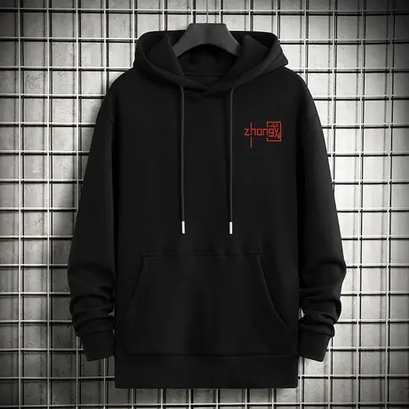 黑色卫衣男生2023新款连帽外套秋冬加绒中国潮流宽松长袖带帽衫商品大图