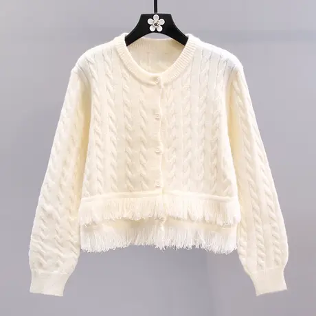 流苏拼接毛衣外套女秋冬2023新款宽松慵懒风时尚洋气短款针织开衫商品大图