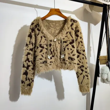 仿水貂绒毛衣女外套秋冬新款韩系豹纹短款长袖针织开衫上衣小香风商品大图