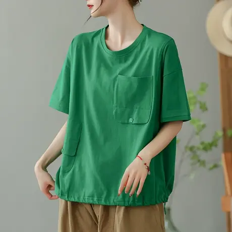 dza复古多口袋纯棉短袖T恤女2023夏圆领打底体恤休闲宽松套头上衣商品大图