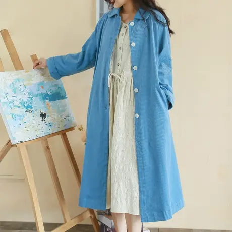 胖妹妹复古灯芯绒宽松蓝色风衣外套 2023早春新品宽松外套200斤女商品大图