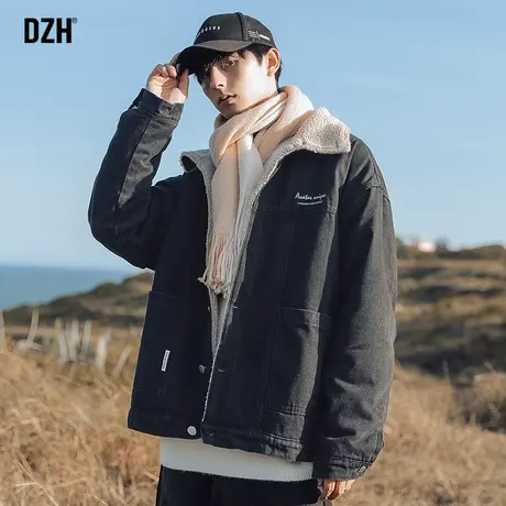 男士黑色羊羔绒外套男秋冬季潮牌加绒牛仔夹克美式复古加厚牛仔衣商品大图