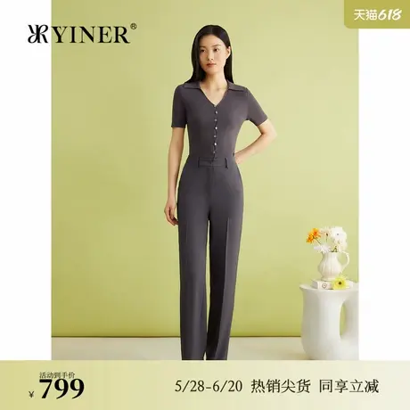 YINER音儿女装夏季法式优雅梭织斜纹通勤长裤阔腿休闲裤商品大图