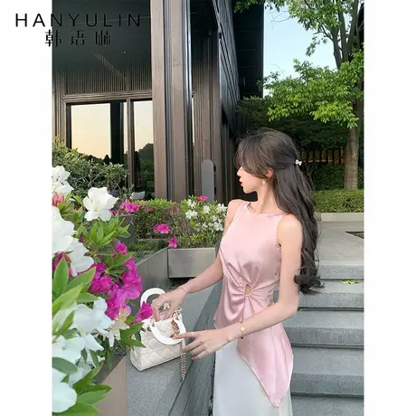 韩语琳 粉色缎面不规则无袖上衣女夏季2025气质名媛独特别致背心图片
