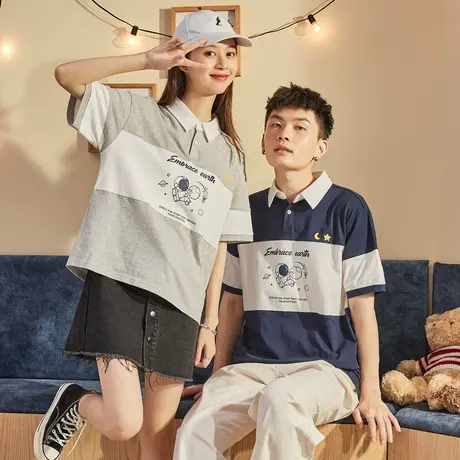 唐狮夏情侣Polo衫短袖拼接翻领保罗衫情侣装印花潮流夏装轻商品大图