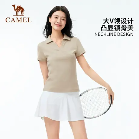 【92%棉T】骆驼女装休闲T恤女春夏V领短袖上衣弹力显瘦透气POLO衫商品大图
