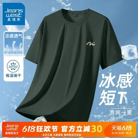 GV真维斯中老年墨绿色冰丝男t恤夏季运动短袖男款透气速干体恤衫C图片
