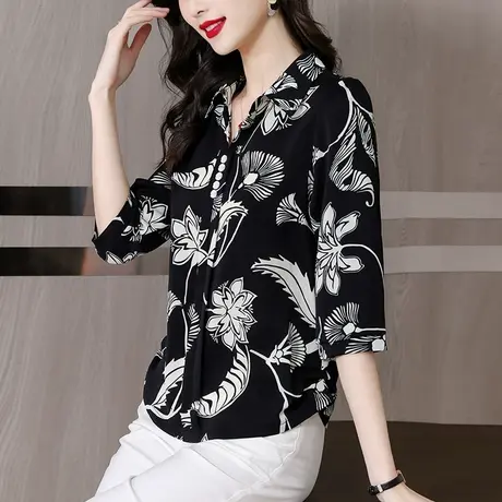 中袖雪纺衬衫女夏季2023年新款气质印花女上衣宽松显瘦漂亮小衫商品大图