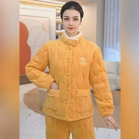 秋鹿三层加绒加厚夹棉睡衣女2024秋冬新款珊瑚绒棉袄可外穿家居服商品大图