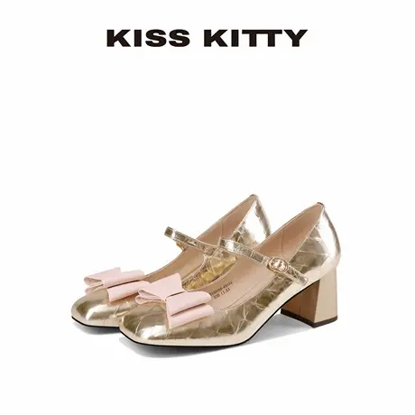KISSKITTY玛丽珍鞋2025新款金粉粗跟女鞋高跟鞋法式气质皮鞋单鞋图片