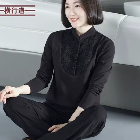 2023新款冬装立领拼蕾丝修身长袖T恤女装纯色简约大码打底衫上衣商品大图