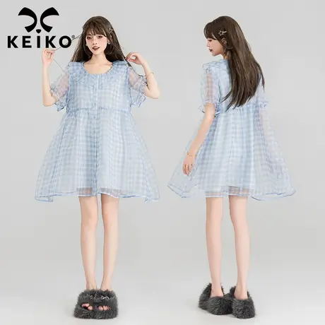 KEIKO 清新蓝色格子欧根纱连衣裙夏季法式飘逸薄纱宽松A字娃娃裙图片