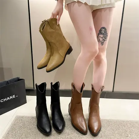 潮流网红短靴女2023年秋季新款时尚百搭单靴显腿长粗跟尖头马丁靴商品大图