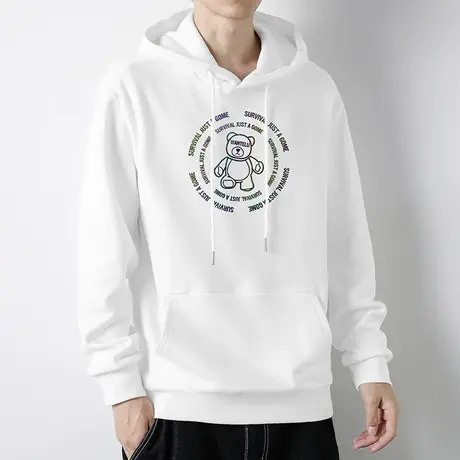 连帽卫衣男2023新款秋冬加绒加厚潮牌小熊长袖带帽衫宽松白色外套商品大图