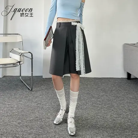 a字蕾丝拼接五分裤女夏季新款休闲热裤宽松假两件中裤阔腿裤短裤商品大图