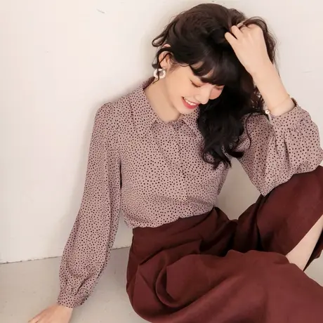 桔熊春秋季通勤小衫圆点点印花泡泡长袖衬衫上衣女士大码AB14581商品大图