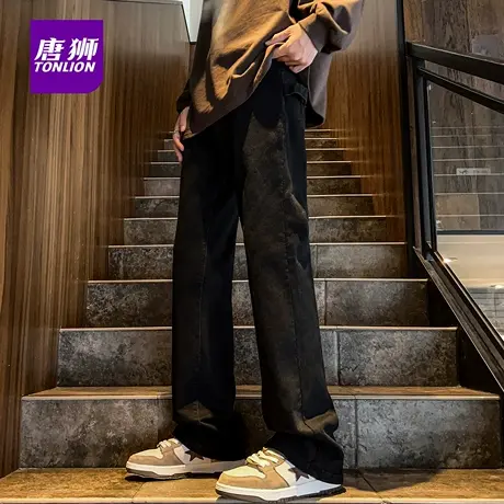 唐狮纯色牛仔裤男秋季新款高街潮牌直筒宽松阔腿复古痞帅裤子男AX商品大图