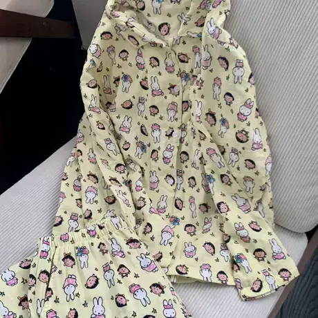 新品~奶黄米菲兔纯棉双层纱布长袖长裤翻领家居服睡衣可爱外穿商品大图