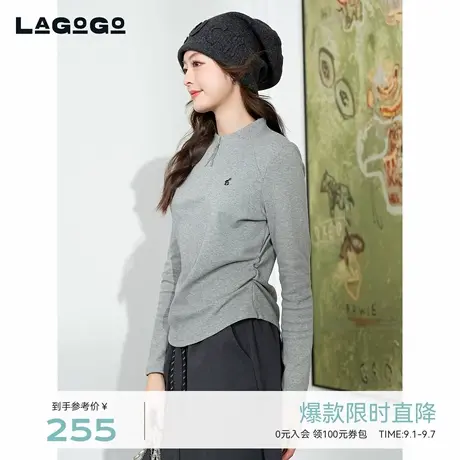 LAGOGO灰色圆领打底衫女拉谷谷2025秋新款掐腰修身上衣OCEE418D02图片
