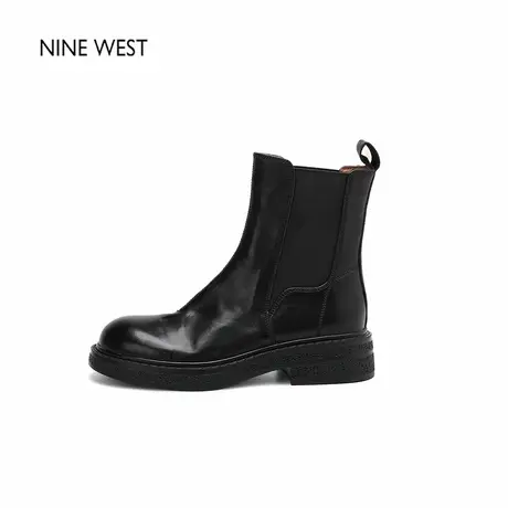 奥莱专供Nine West/玖熙古圆头厚底马丁靴粗跟切尔西短靴黑色靴子图片
