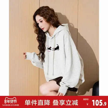 唐狮2026秋冬季女加绒连帽卫衣浅花灰卡通小狗印花设计感简约风图片
