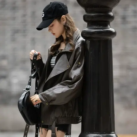 唐狮秋季新款外套女重工复古中性机车皮衣外套PU夹克上衣TM商品大图