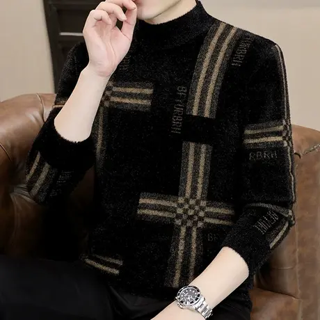 水貂绒毛衣男半高领秋冬季打底针织衫潮流加绒加厚保暖冬装上衣服商品大图