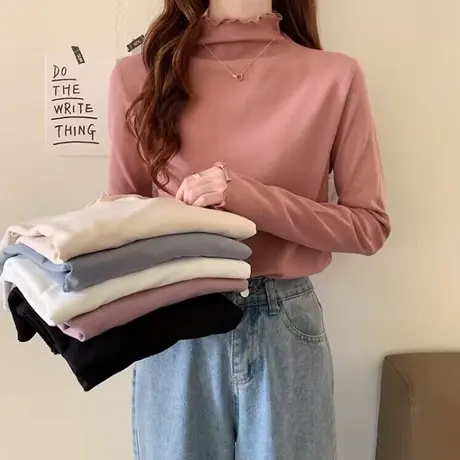 半高领德绒打底衫女内搭秋冬加绒保暖修身显瘦长袖T恤叠穿上衣服商品大图