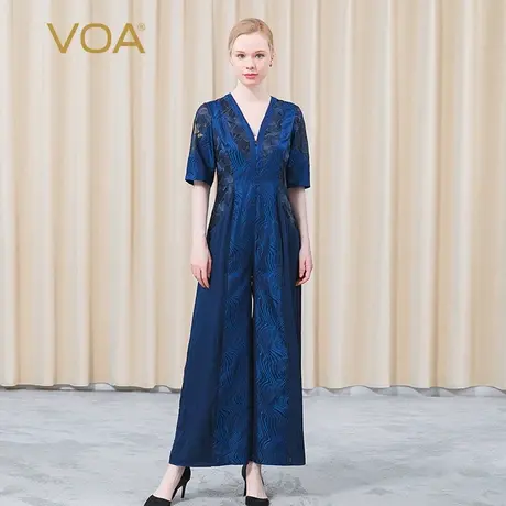 VOA真丝色织提花V领中袖撞料绣花拼接自然腰端庄桑蚕丝连衣裤女图片
