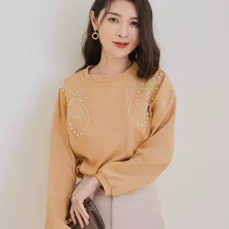 桔熊秋冬季复古通勤纯色t恤绣花珍珠泡泡袖上衣女装大码AB17686图片