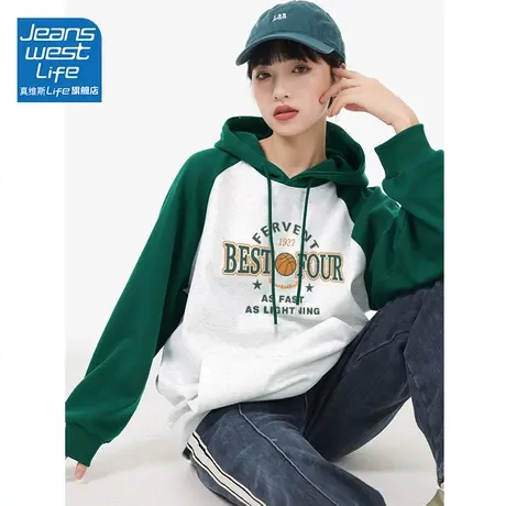 真维斯LIFE连帽卫衣女2023新款春秋款插件袖拼接复古学院风外套潮商品大图