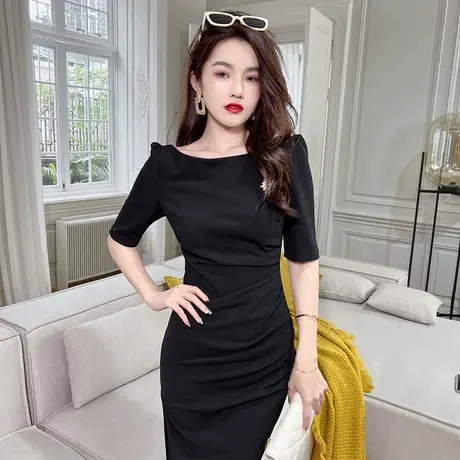 法式复古小香风过膝中长款开叉包臀裙女夏新款气质收腰显瘦连衣裙商品大图