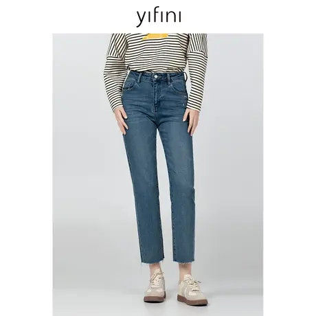 Yifini/易菲保暖加绒牛仔小脚裤女冬季新款复古通勤九分裤商品大图