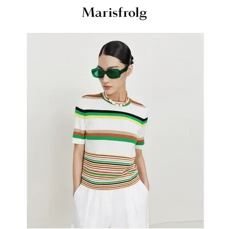 玛丝菲尔夏季新款时尚活力减龄彩虹渐变条纹休闲针织衫T恤女商品大图