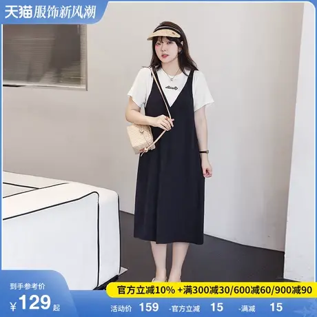 2023年夏季新款圆领拼接假两件显瘦直筒中长款遮肉大码胖MM连衣裙图片