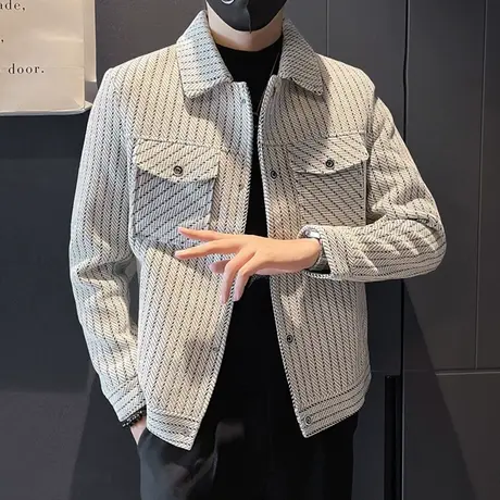 呢子夹克男休闲条纹高级感2023秋冬个性痞帅修身短款翻领毛呢外套商品大图