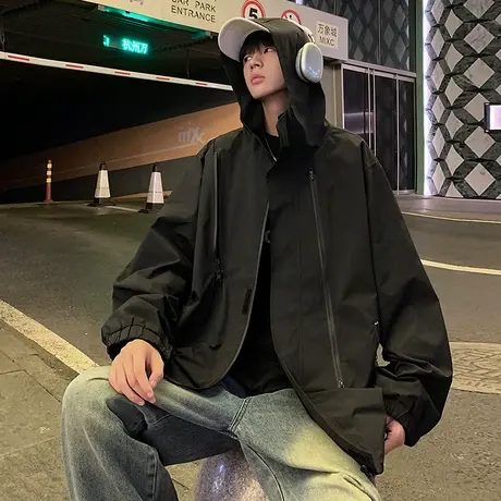 纯色冲锋衣外套男春秋季户外登山潮牌美式机能宽松连帽工装夹克衫商品大图